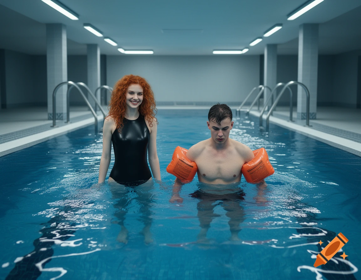 A smiling woman with red curly hair in a black swimsuit and a man wearing orange armbands in a blue indoor swimming pool.