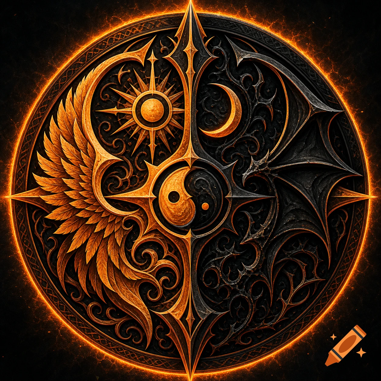 Ornate gold and black circular symbol, half feathered wings and sun, half bat wings and crescent moon, glowing orange.