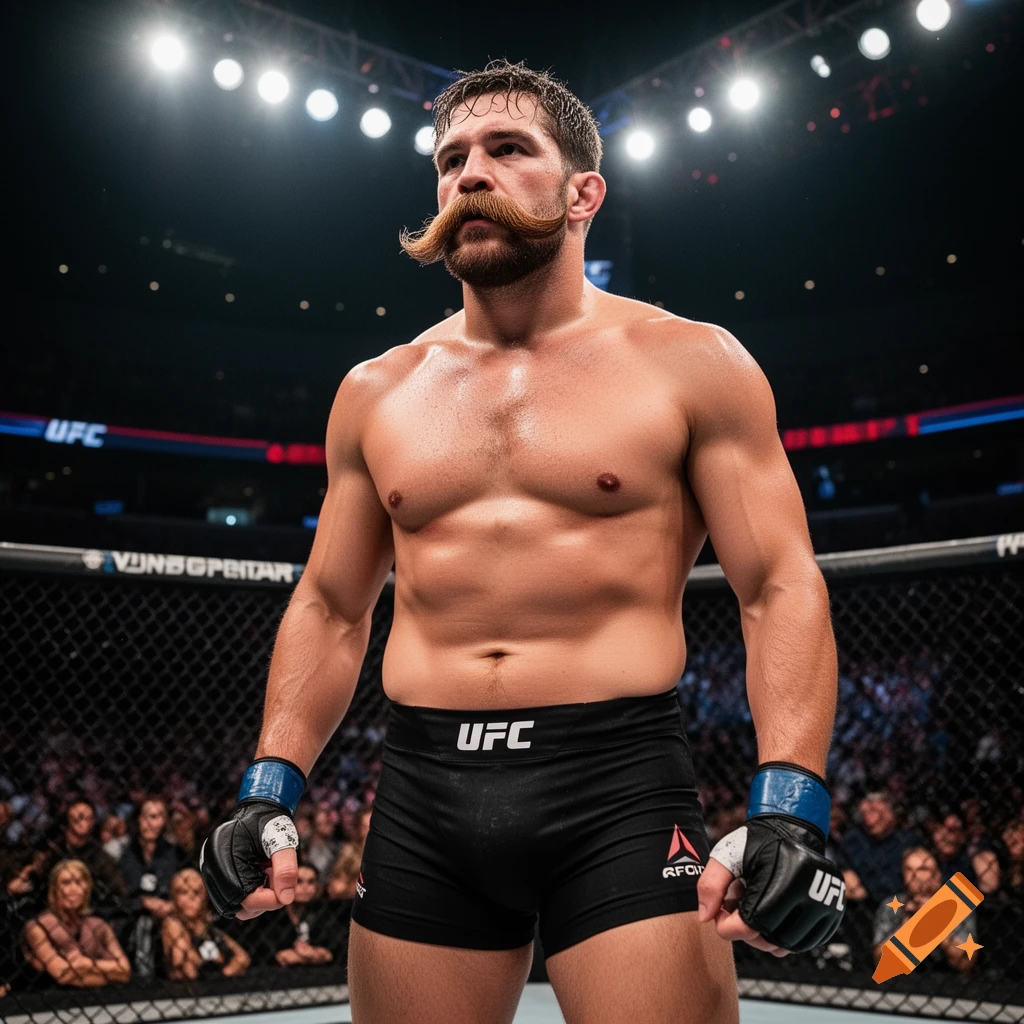 A shirtless male UFC fighter with a large, handlebar mustache stands in an MMA octagon, ready to fight. Photorealistic.