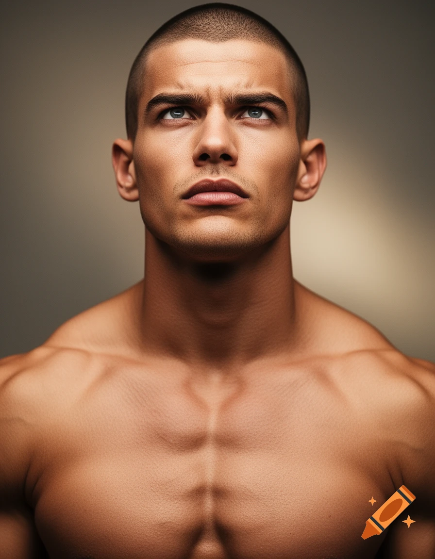 A photorealistic portrait of a muscular man with a buzz cut, looking upwards with a fierce expression.