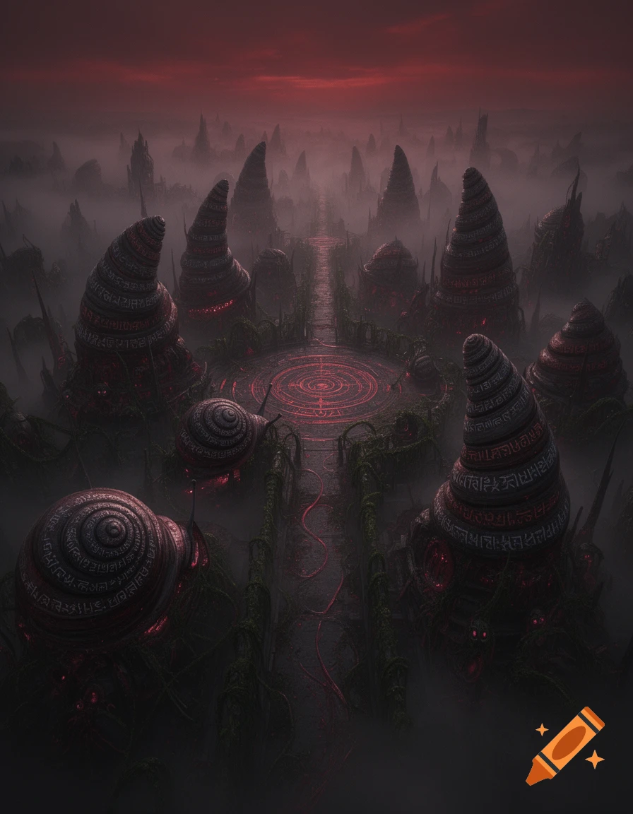 A dark, misty landscape features ominous, spiraling snail-like structures with red glowing symbols, under a deep red sky.