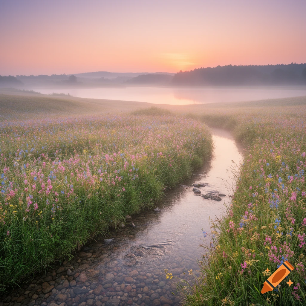A serene stream winds through a colorful wildflower meadow at sunrise, with a misty lake in the background.