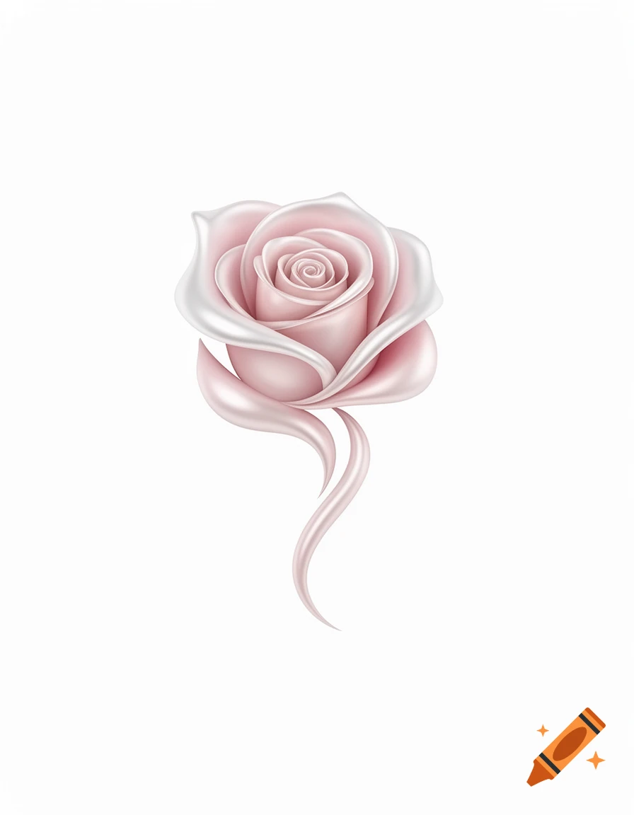 A stylized light pink rose with white pearlescent petals and flowing ribbon-like elements on a white background.