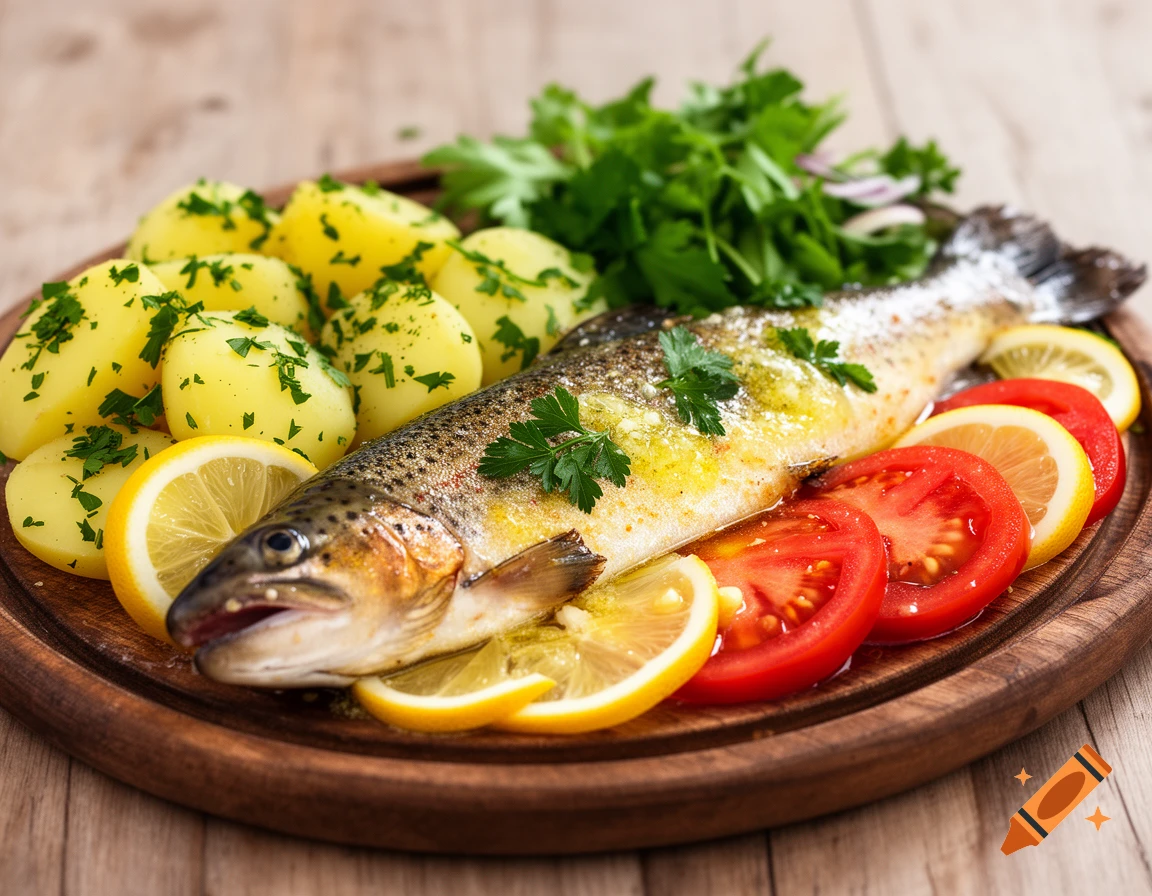 Roasted trout with lemon, tomato, parsley potatoes, and salad on a wooden board.