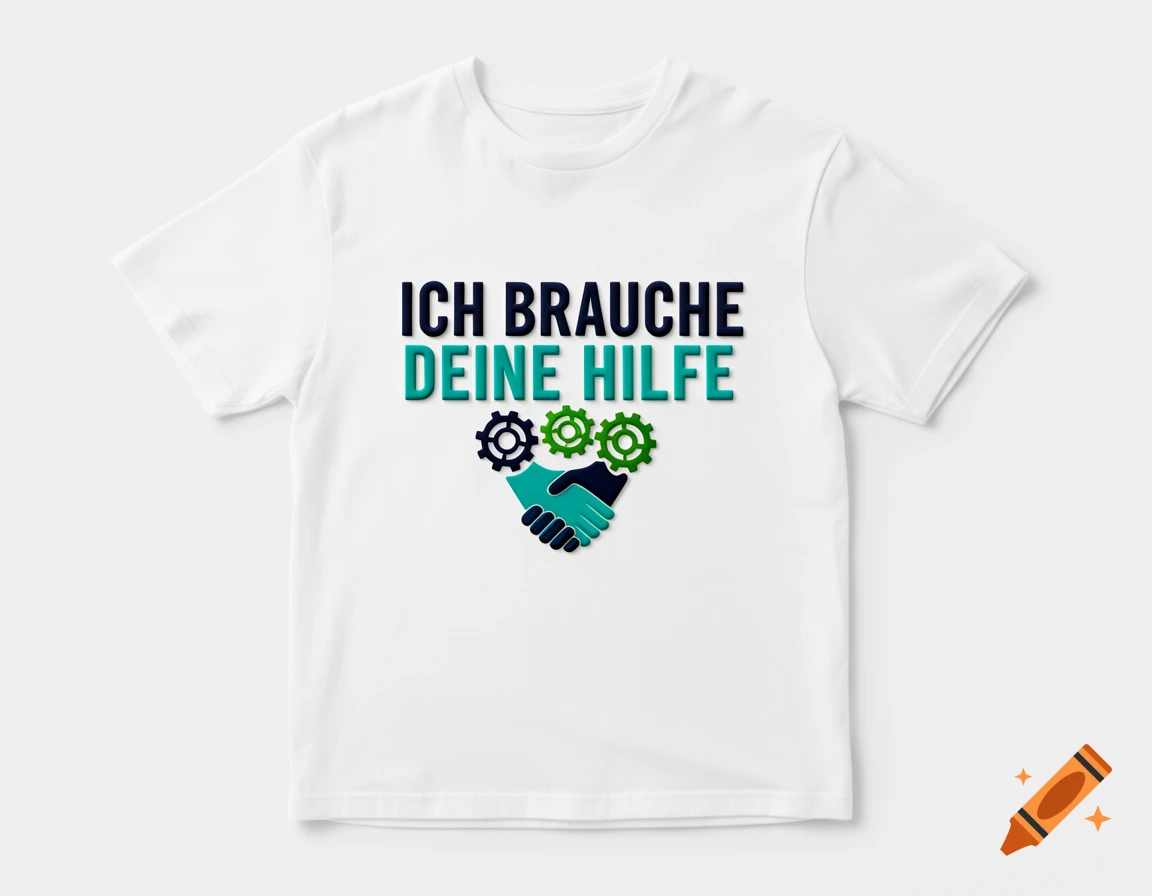 A white t-shirt features a blue and green graphic with the German text "ICH BRAUCHE DEINE HILFE" above two shaking hands and gears.
