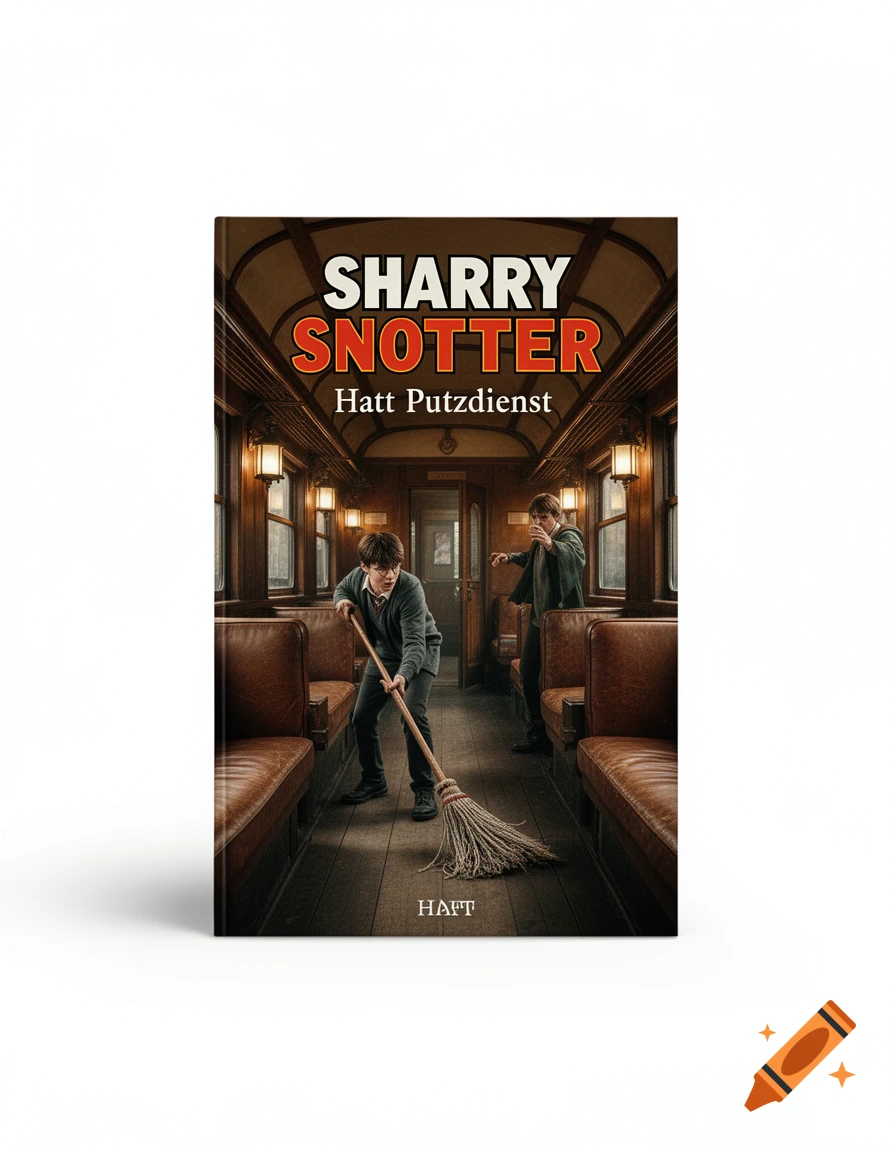 A book cover titled "SHARRY SNOTTER" featuring two young men in a train carriage, one sweeping with a broom, in a photorealistic style.