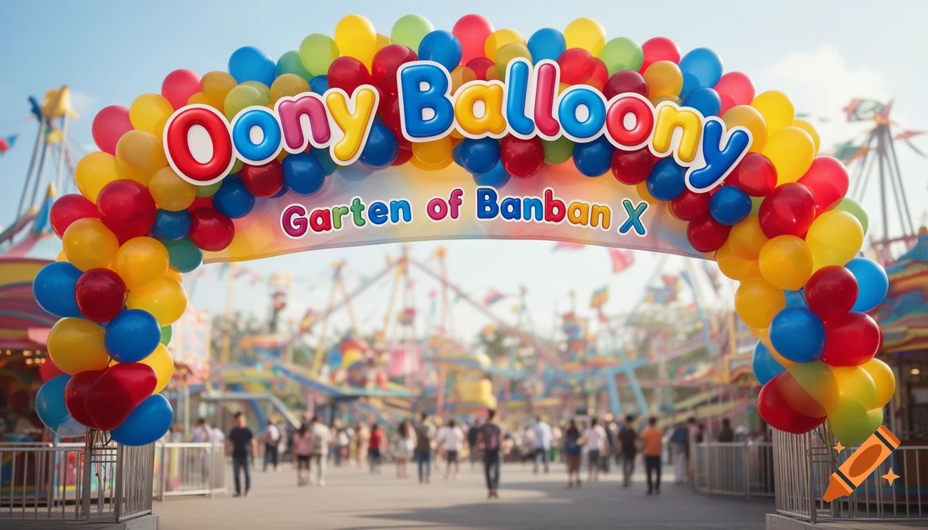 A colorful balloon arch entrance for 'Oony Balloony Garten of Banban X' at a sunny amusement park.