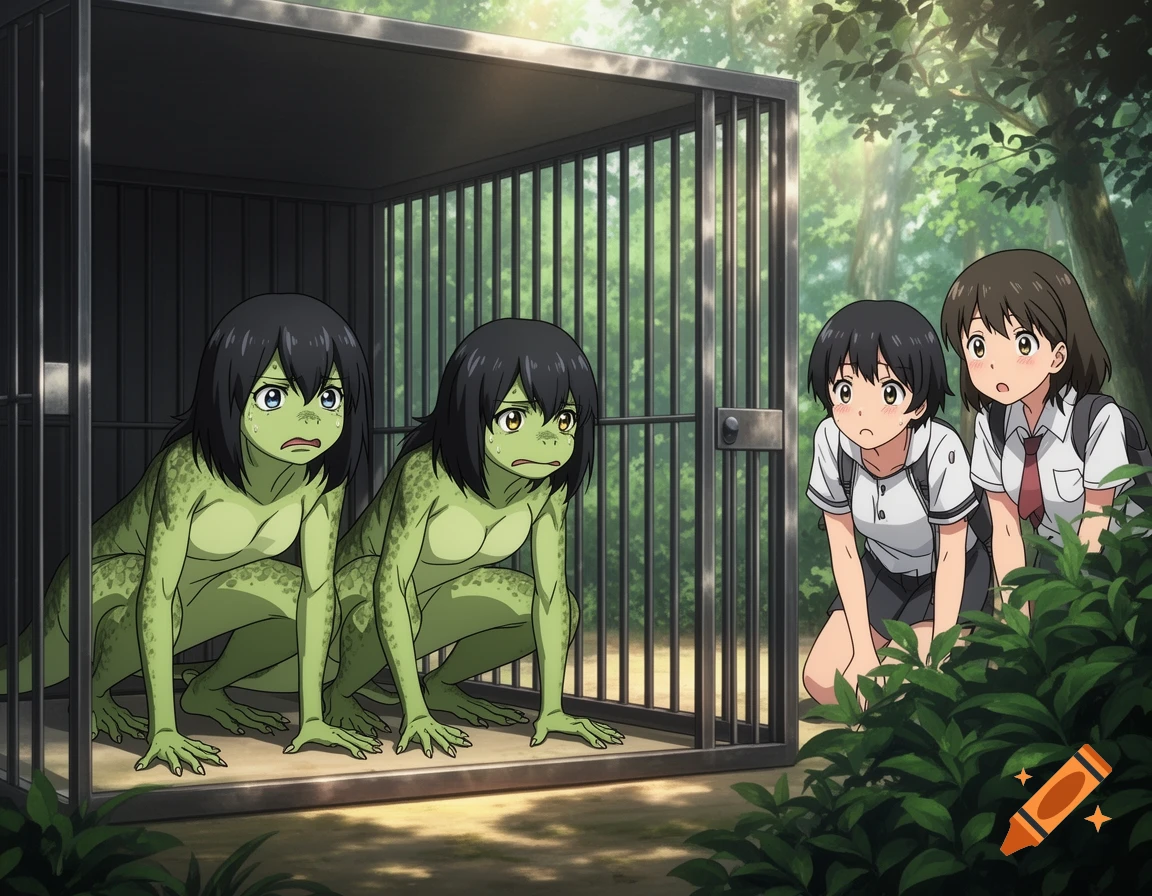 Two scared, green-skinned lizard women with black hair in a cage, being observed by two human students in a forest, anime style.