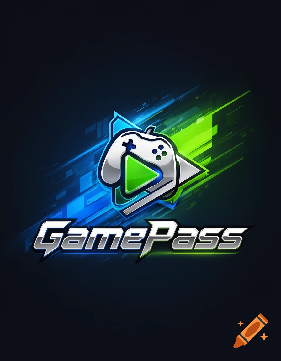 Stylized GamePass logo with a white gaming controller, green play button, and a dynamic blue and green background.
