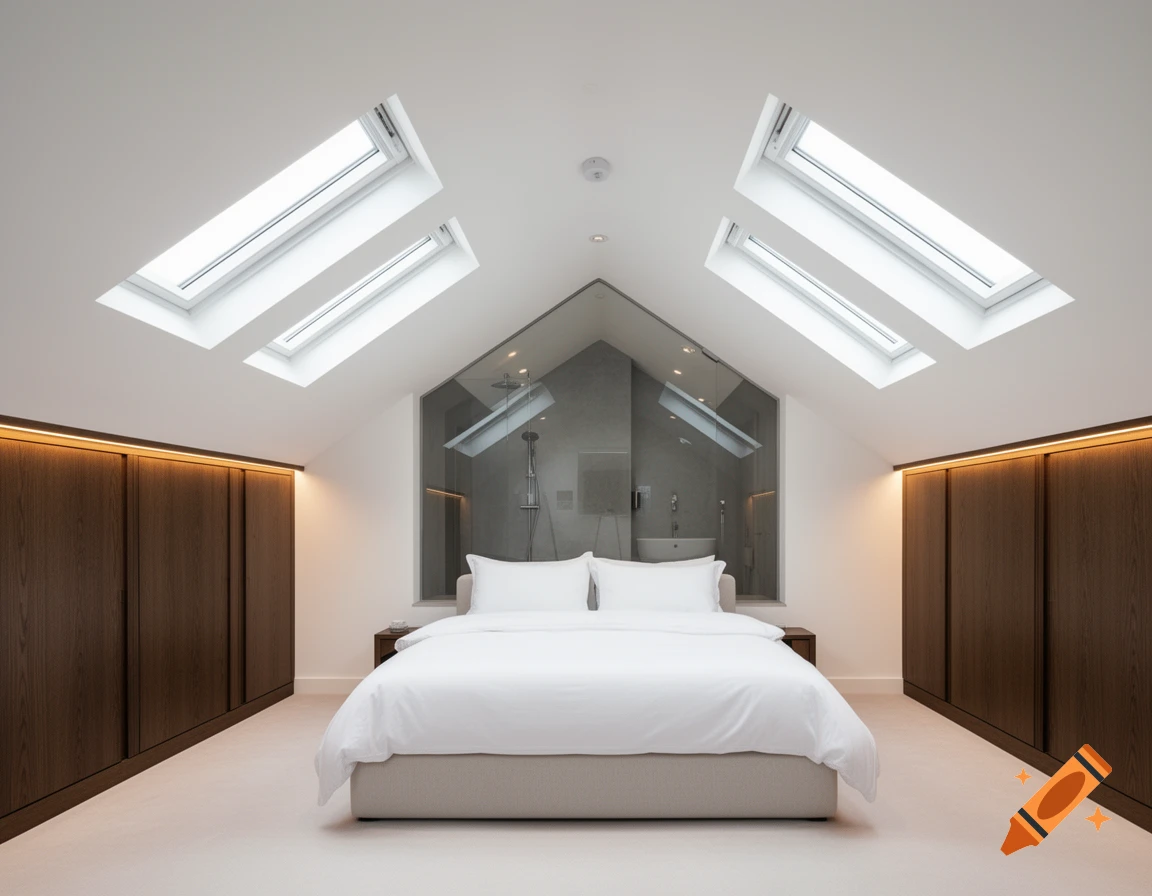 A bright, minimalist luxury master bedroom in a loft with a white bed, dark wood wardrobes, skylights, and a glass partition to an en-suite.