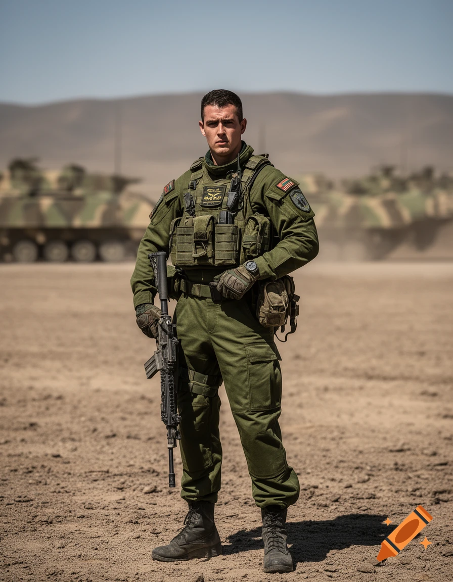 A stoic soldier in green military fatigues and vest stands holding a rifle in a dusty desert landscape with blurred tanks in the background.