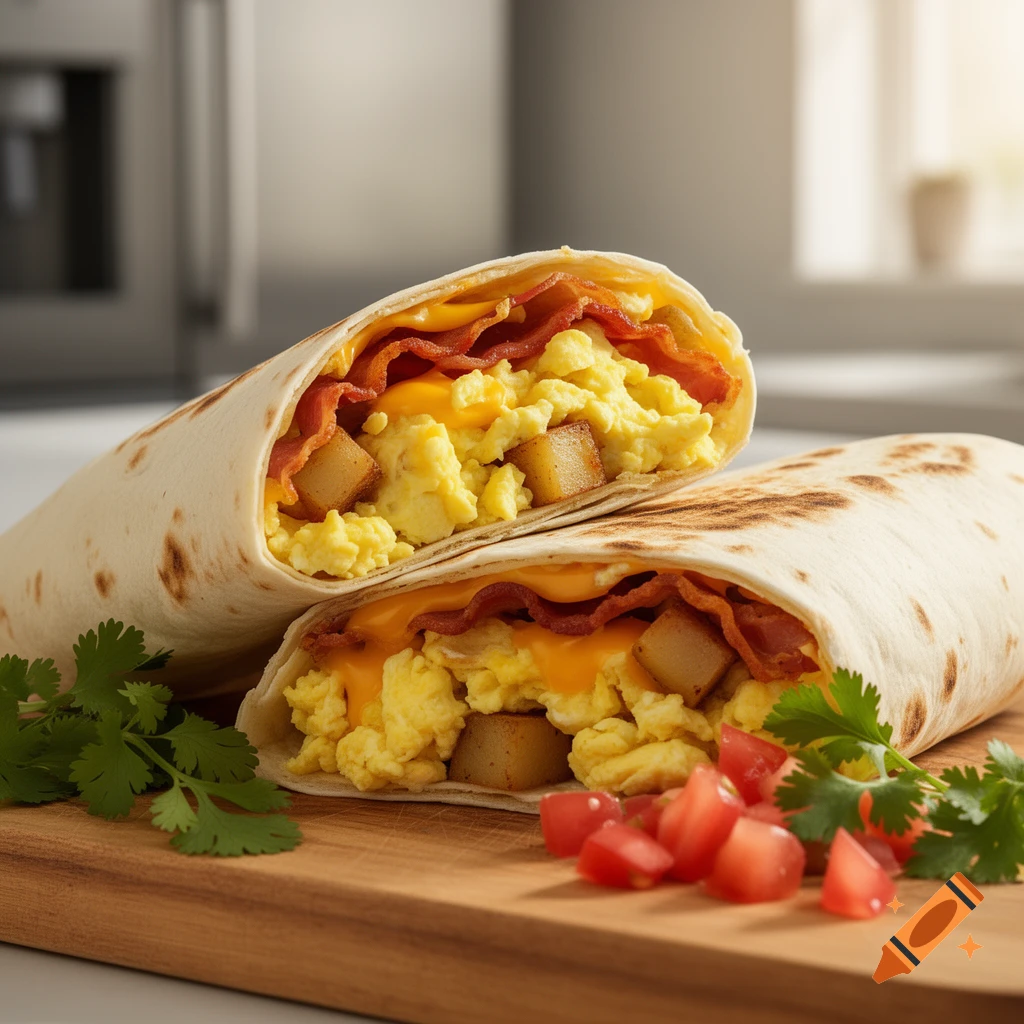 Two breakfast burritos filled with scrambled eggs, bacon, cheese, and potatoes, garnished with cilantro and chopped tomatoes on a wooden board.
