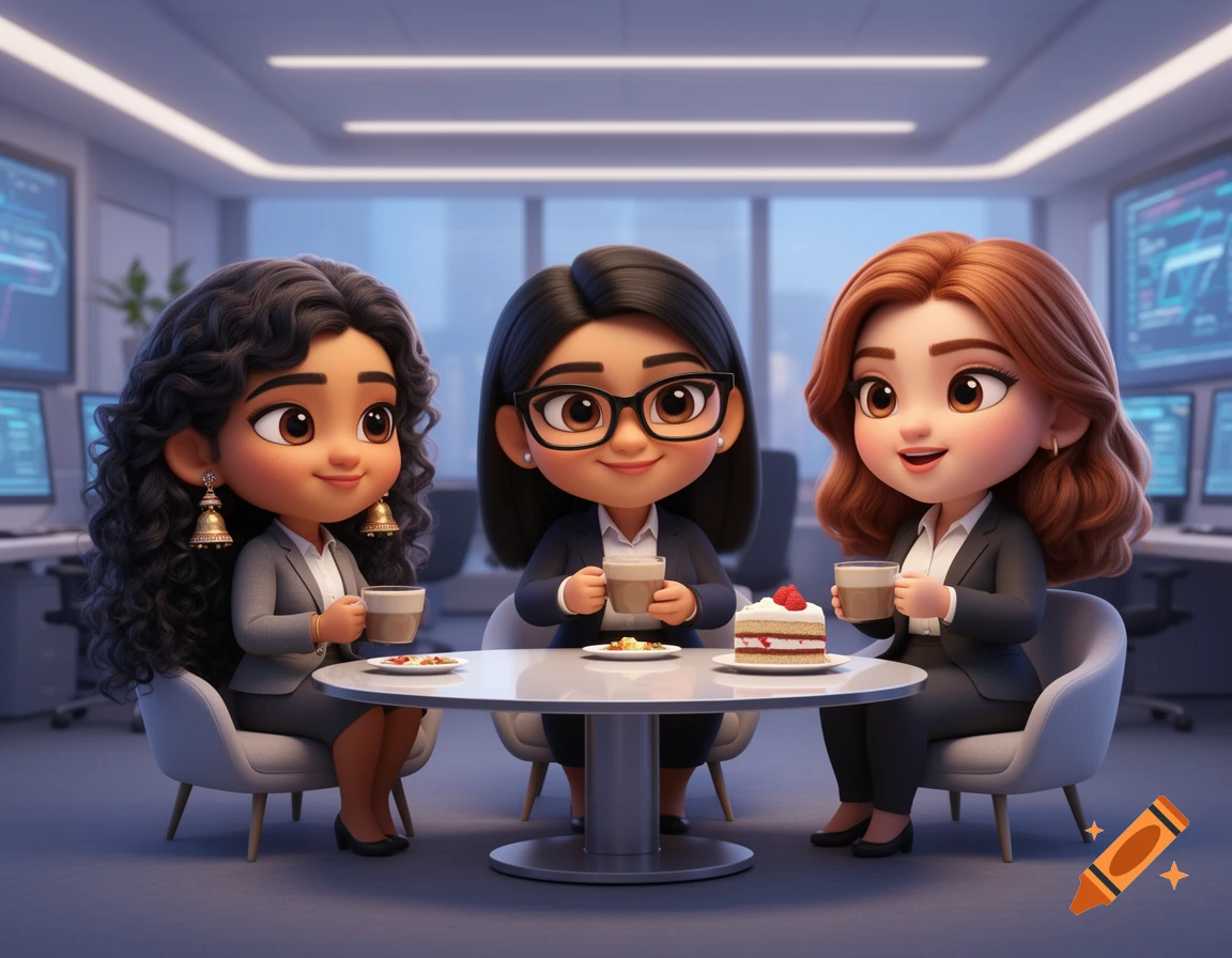 Three cute chibi-style cartoon businesswomen drink coffee and eat cake at a table in a modern office.