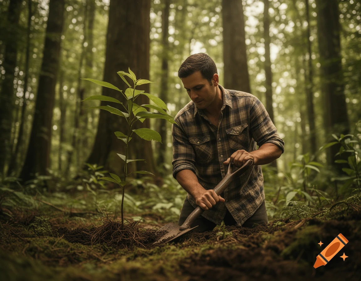 A man in a plaid shirt kneels, planting a small sapling with a shovel in a lush forest.