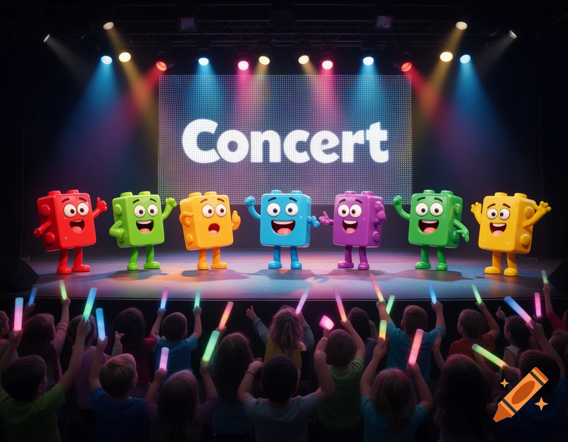 Colorful block characters perform on a stage with 'Concert' on the screen, while children in the audience hold up glowing sticks.