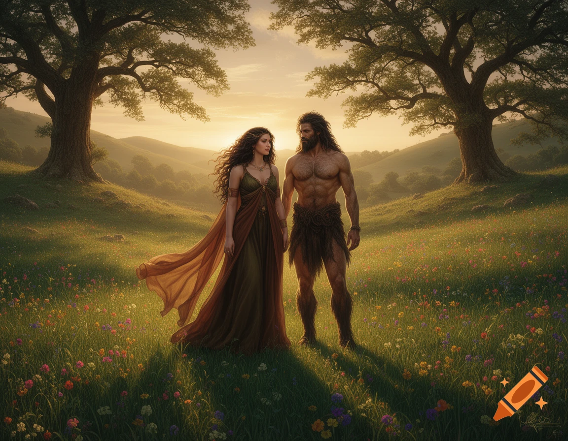 A muscular man in a loincloth and a woman in a flowing dress stand in a vibrant wildflower meadow under a golden sunset, flanked by trees.