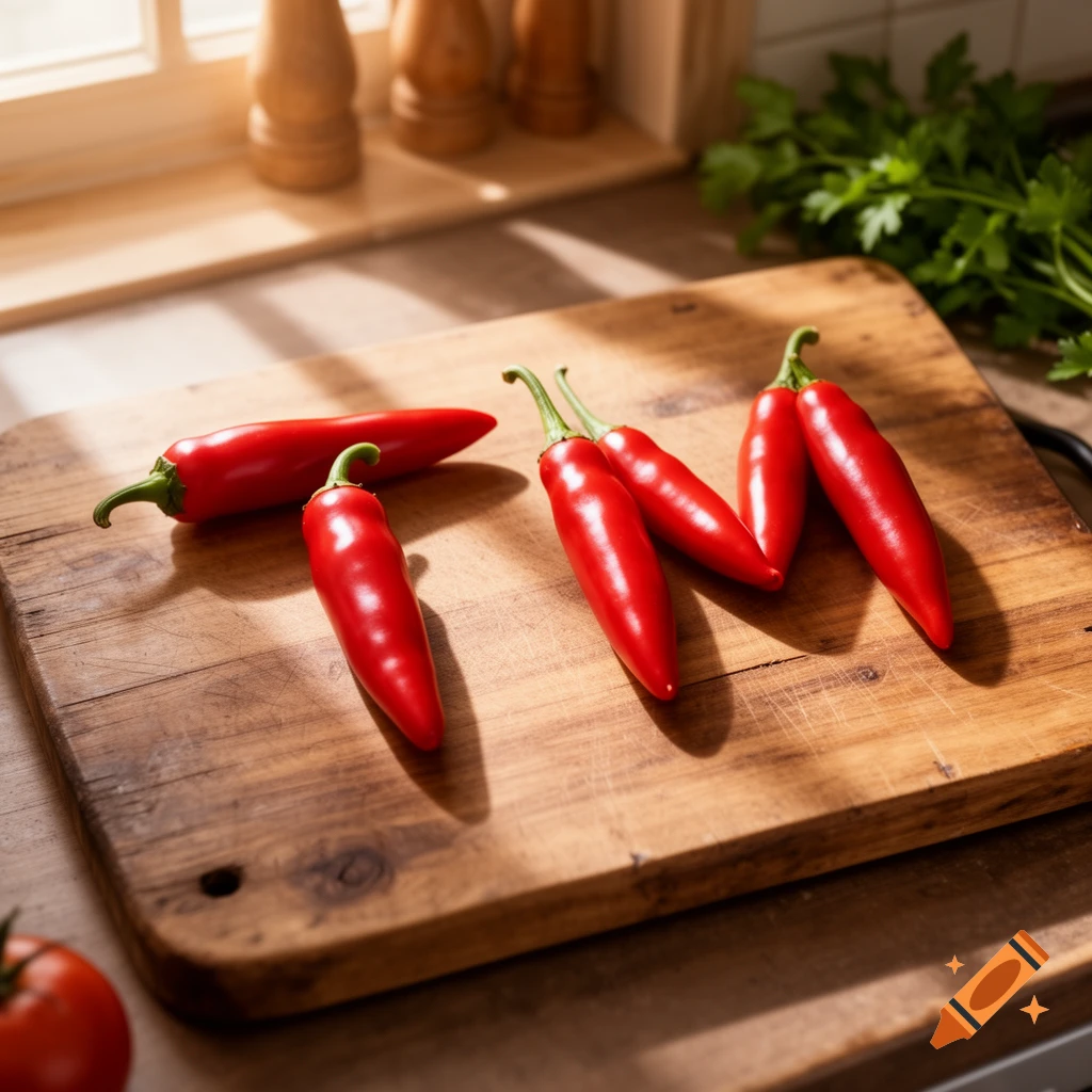 Several bright red chili peppers lay on a rustic wooden cutting board in a sunlit kitchen with a blurred window and herbs in the background.