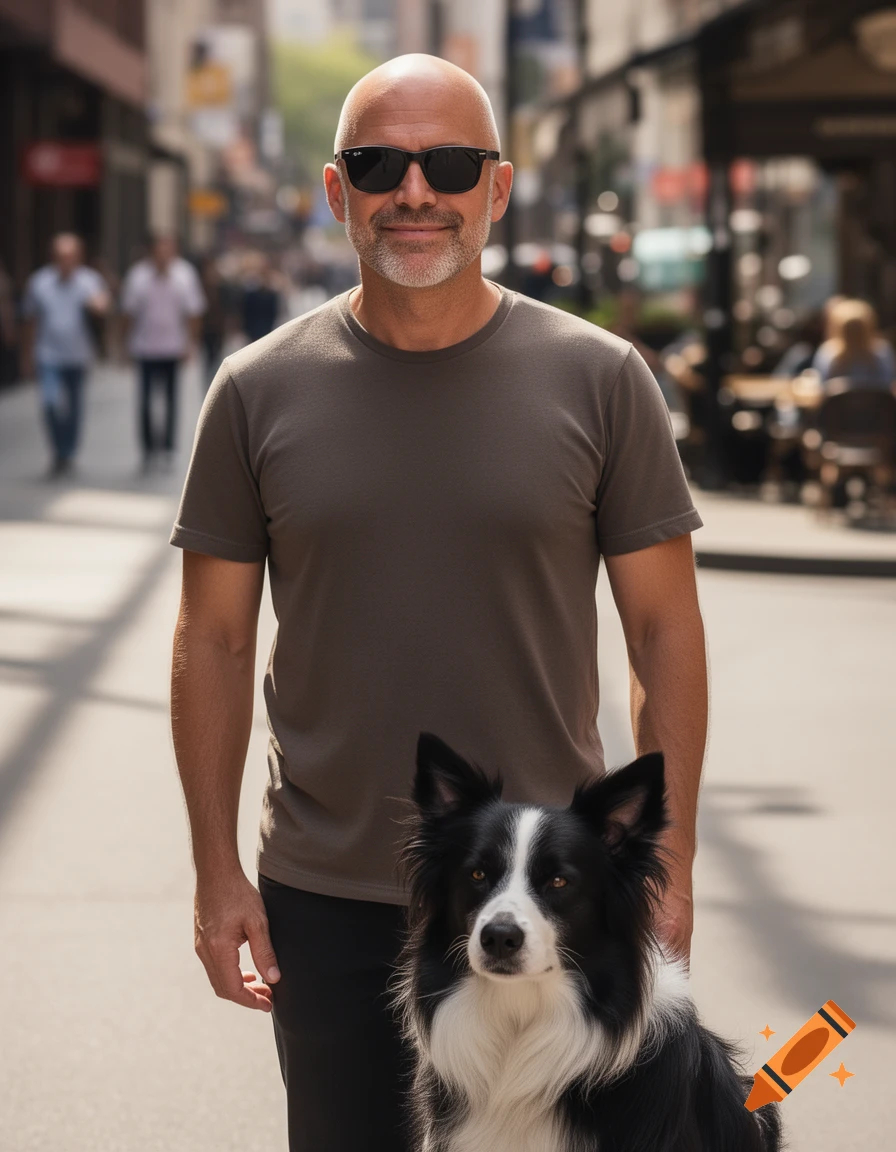 A bald man in sunglasses and a t-shirt stands on a city street with a black and white Border Collie.