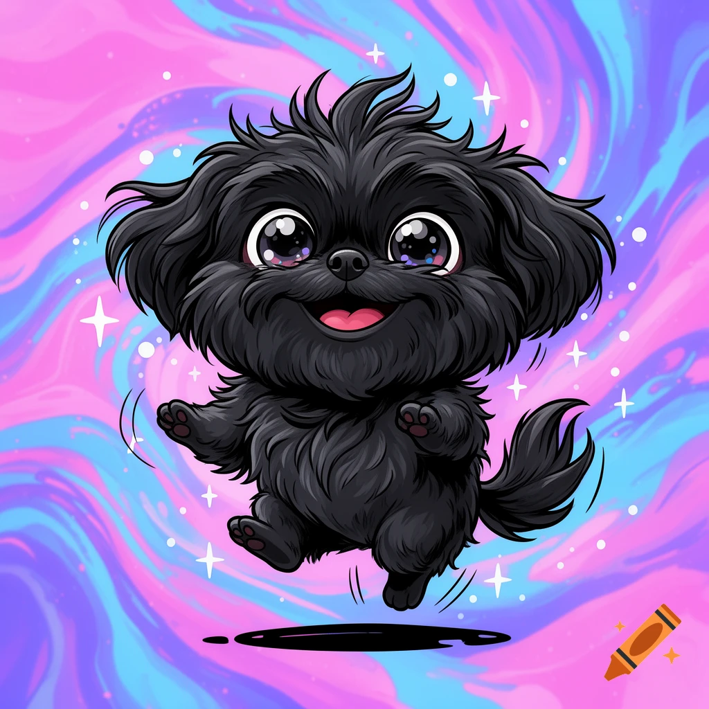 A cute black cartoon shih tzu dog with large sparkly eyes jumping against a pink and blue swirling background with stars.