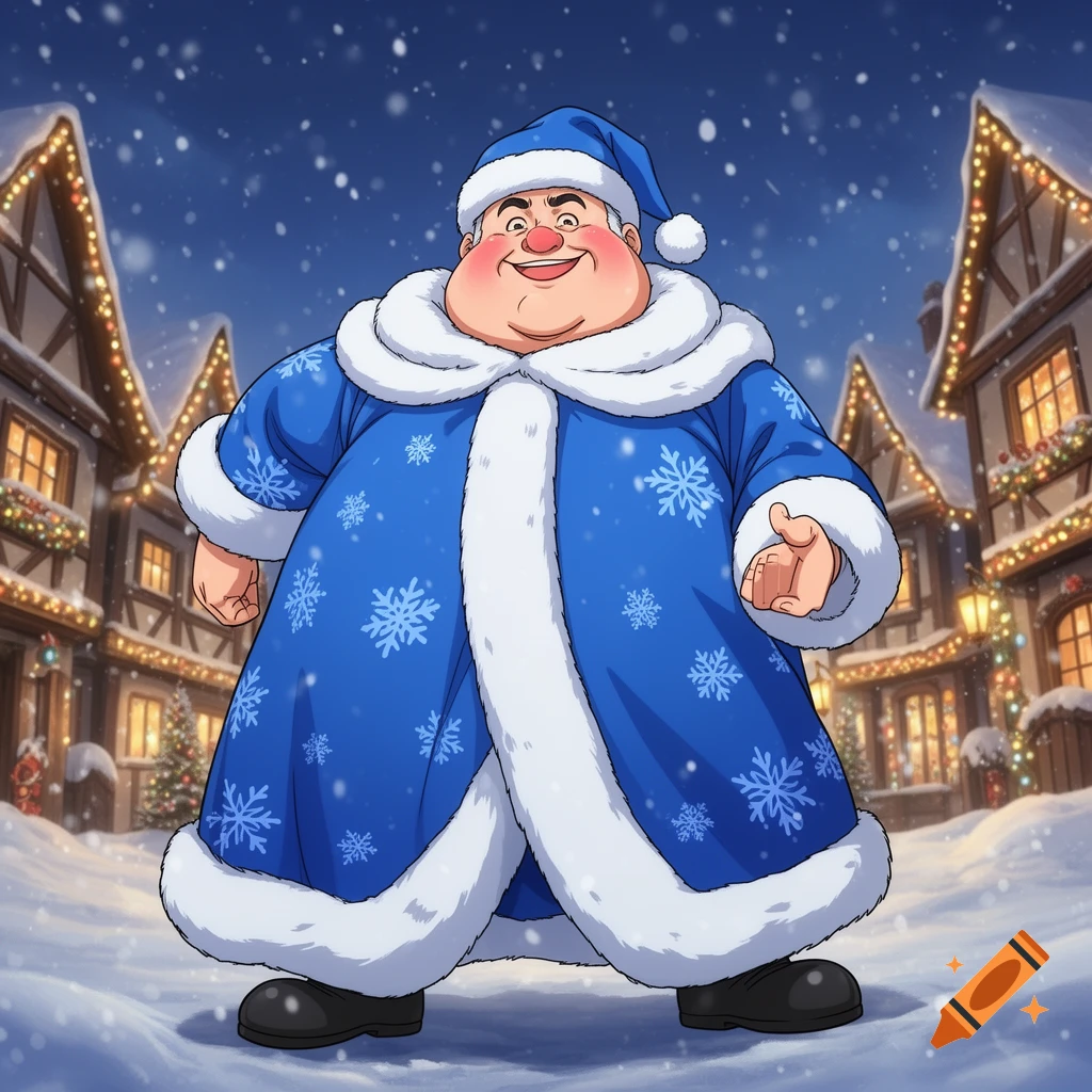 A jolly, plump cartoon man wearing a blue Santa-like coat with white fur trim and snowflake patterns stands in a snowy village street at night, with buildings decorated with festive lights.