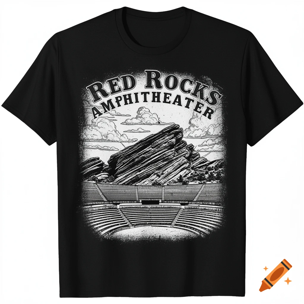 Black t-shirt with a vintage-style black and white illustration of Red Rocks Amphitheater, featuring large rock formations above stadium seating.