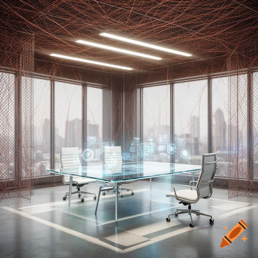 Futuristic office with a glass table, holographic displays, modern chairs, intricate wire ceiling and walls, overlooking a city skyline.