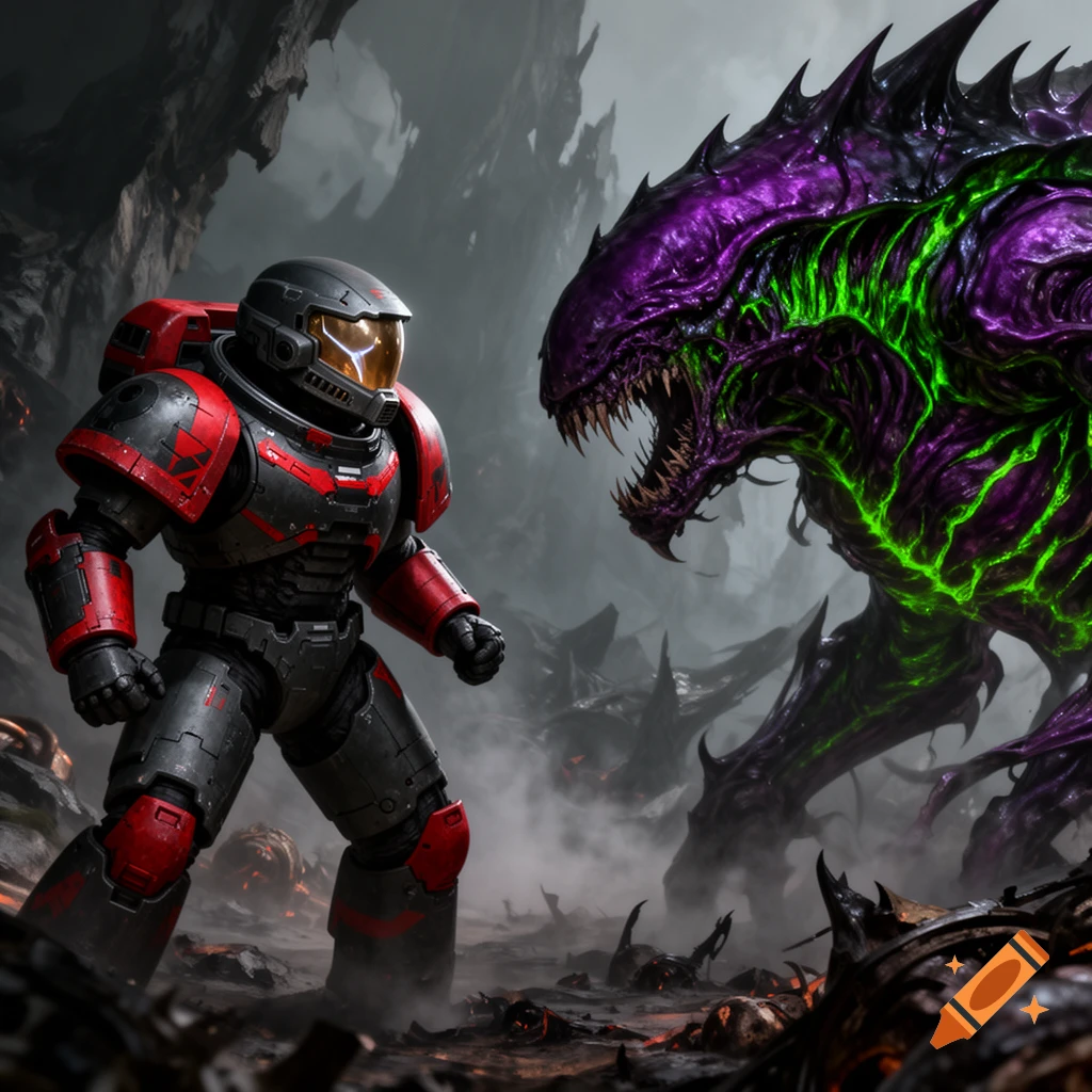 A heavily armored space marine in red and black stands facing a large, terrifying purple and green alien creature in a dark, rocky, smoky landscape.