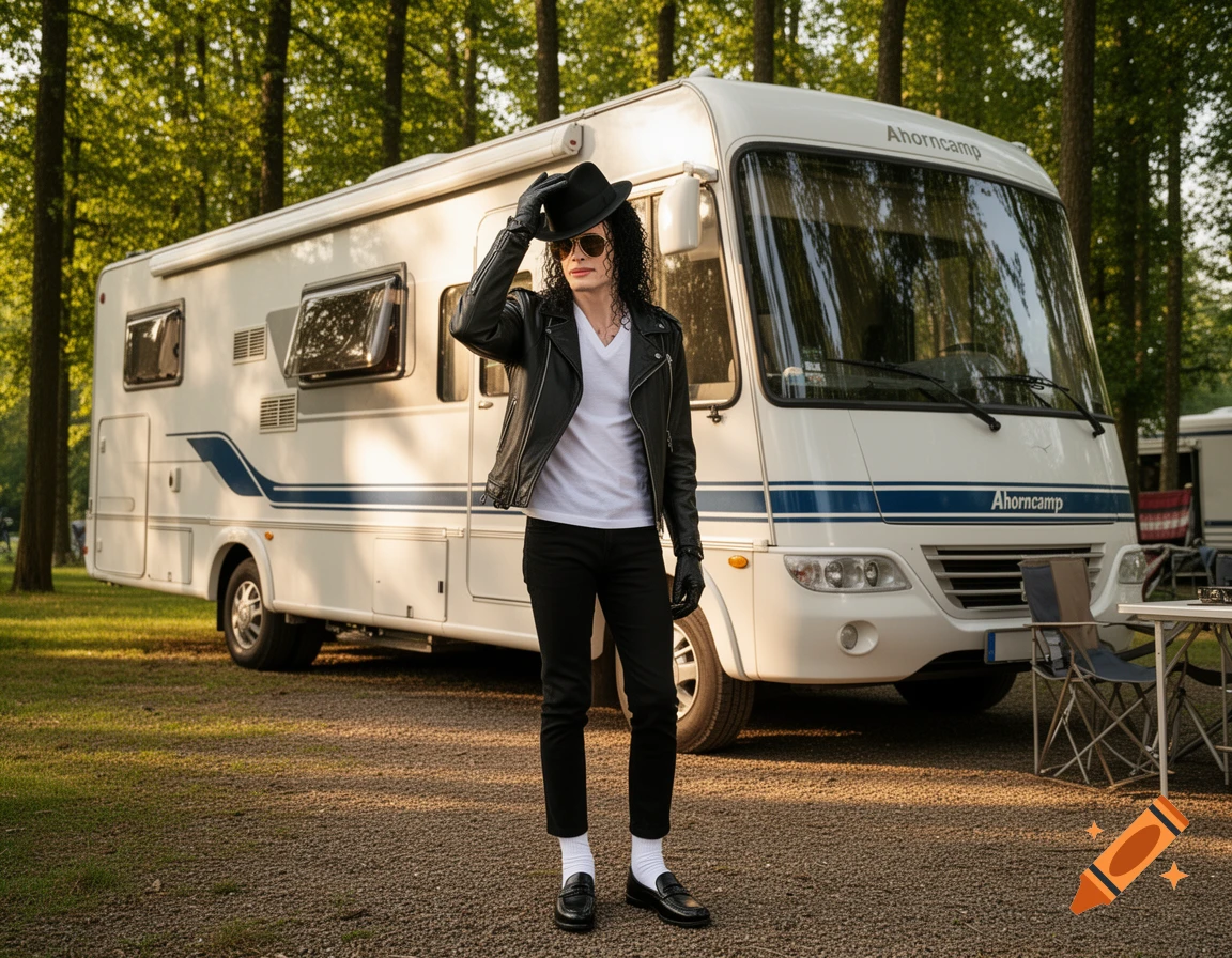 A man dressed as Michael Jackson stands in front of a white Ahorncamp camper van in a wooded park.
