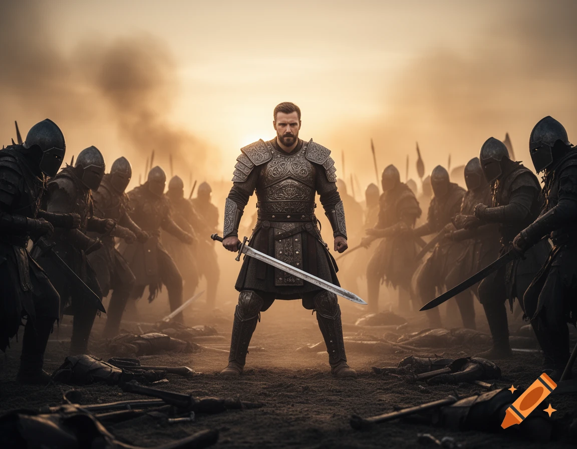 A bearded warrior in ornate armor holds a sword, standing amidst fallen figures and a hazy army on a smoky battlefield at sunset.