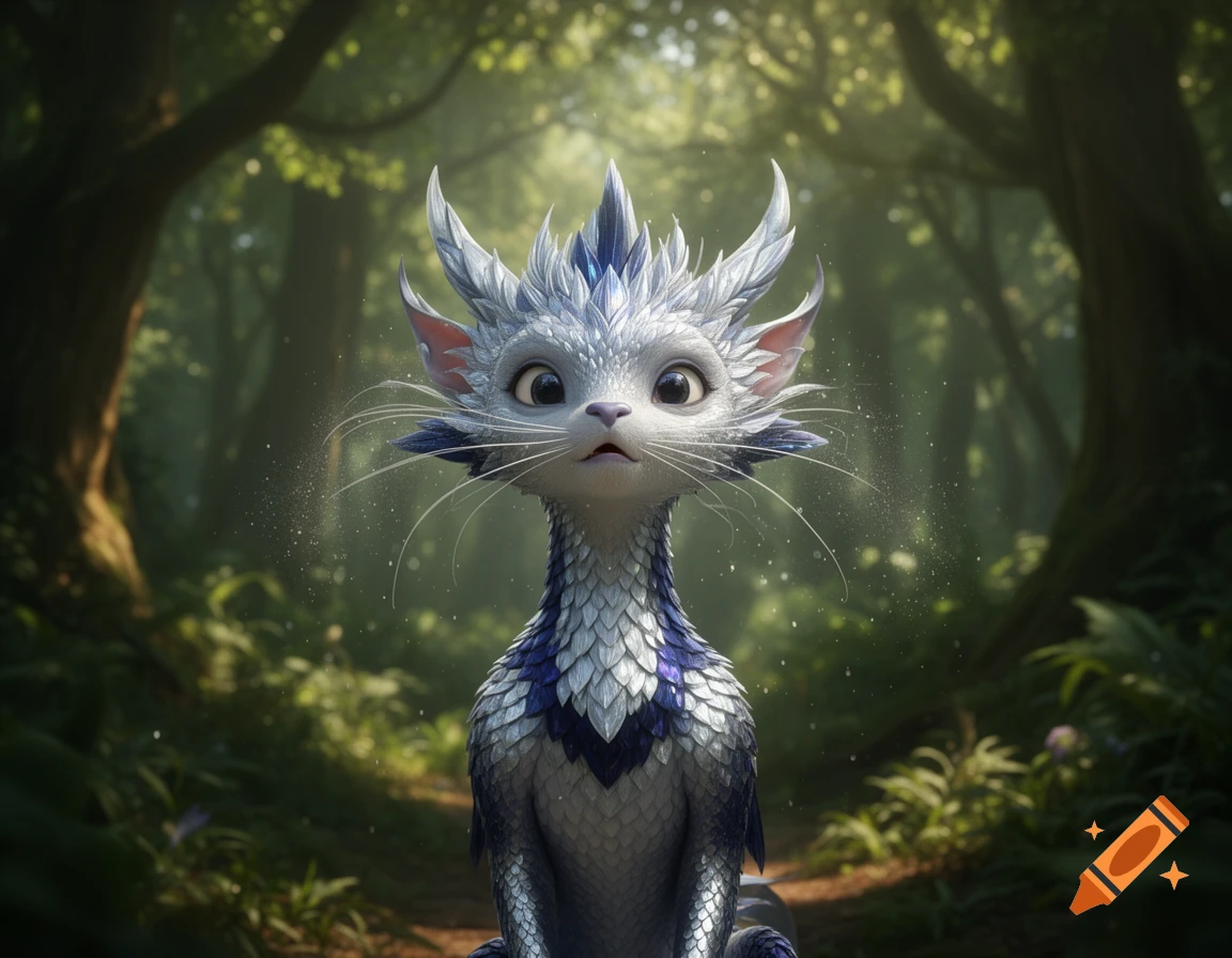 A cute, white and blue fantasy creature with scales and large eyes, resembling a cat, sitting in a sunlit forest.