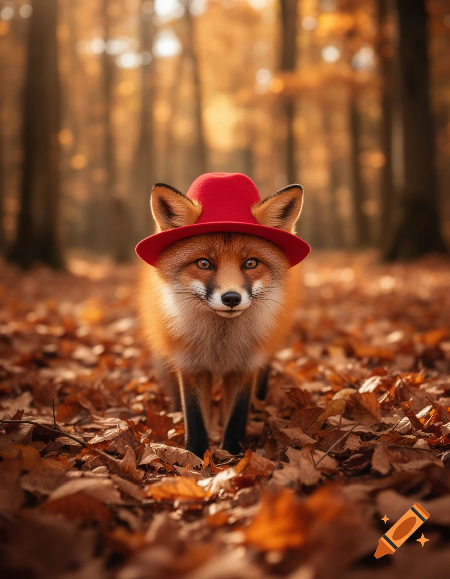 A photorealistic cute fox wearing a red hat stands in an autumn forest filled with fallen leaves.