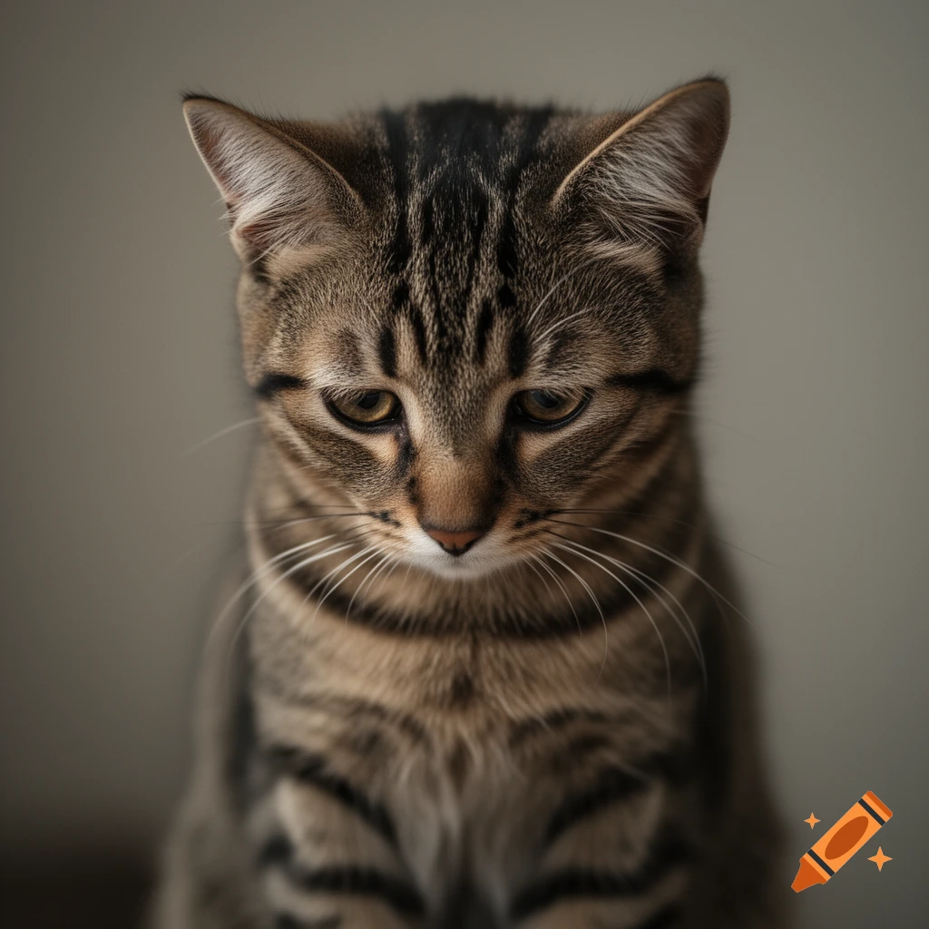 A close-up, photorealistic image of a brown tabby cat looking down with a sad expression.