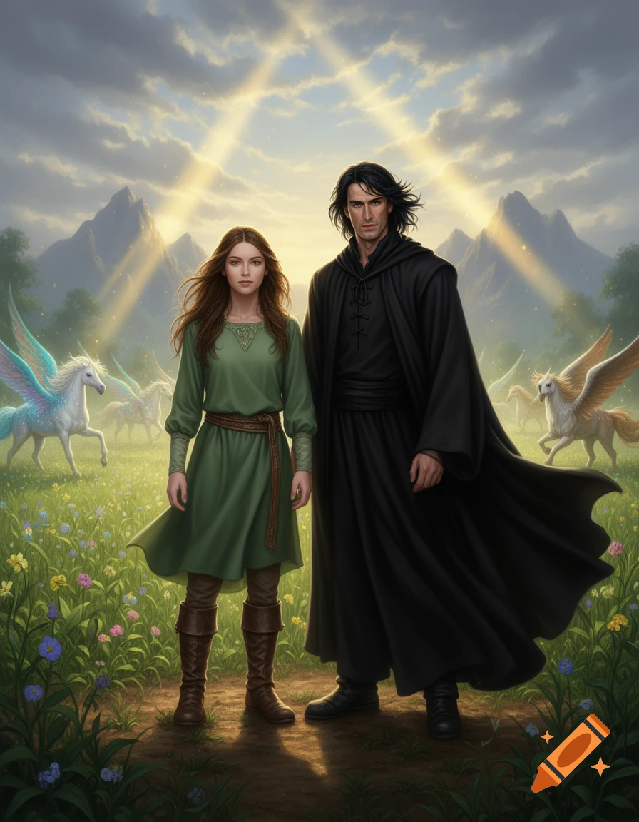 A woman in a green tunic and a man in a black cloak stand in a sunlit, flowery field with mountains and pegasi in the background, fantasy art.