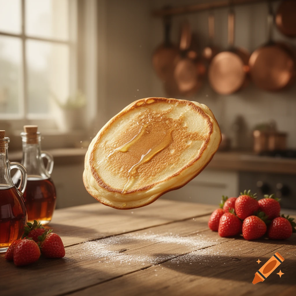 A photorealistic pancake with syrup floats above a wooden table with strawberries and maple syrup bottles in a sunlit kitchen.