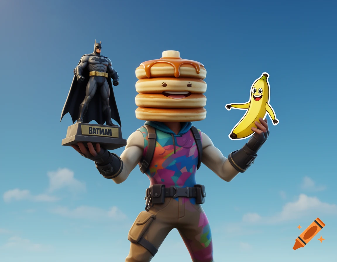 Fortnite character Mancake with a pancake head holding a Batman figurine and a Peely banana sprite against a blue sky.