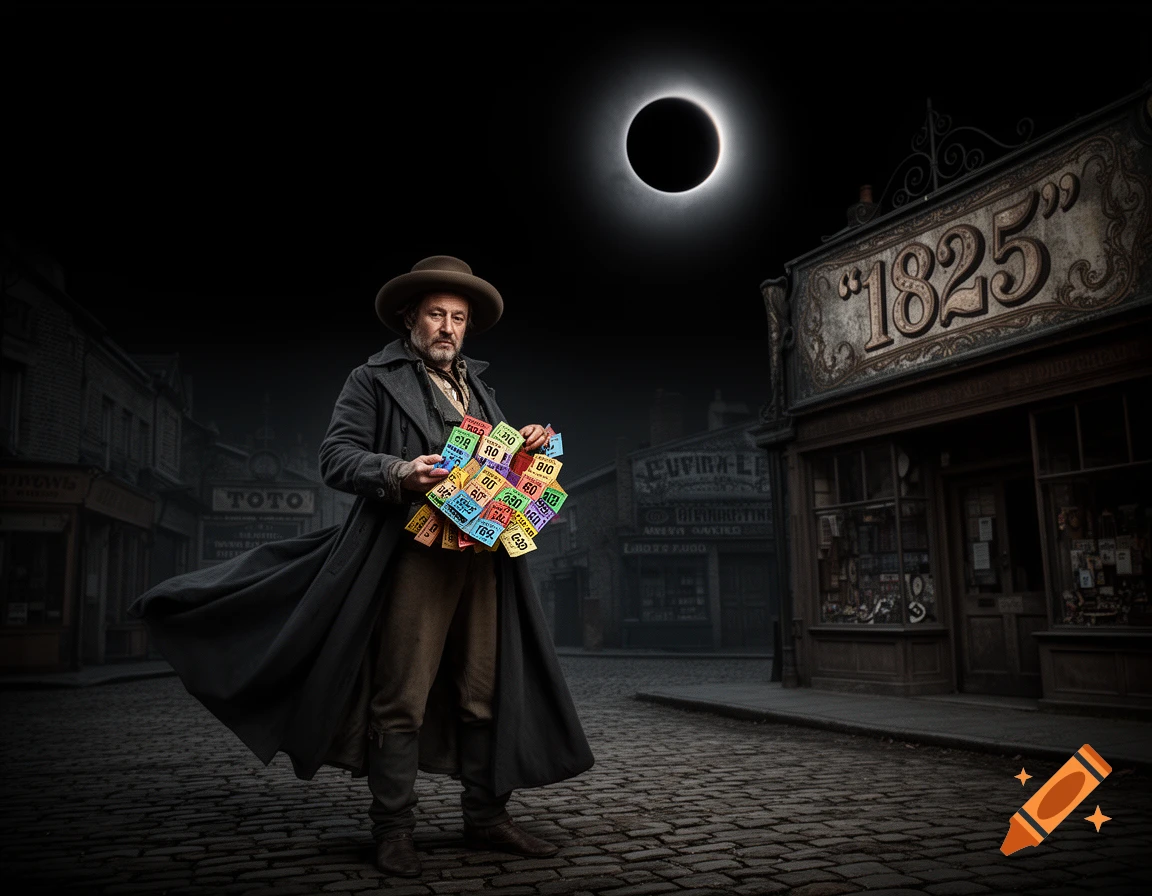 A man in a trench coat and hat holds colorful tickets on a cobblestone street at night under a total solar eclipse, with old buildings and '1825' visible.