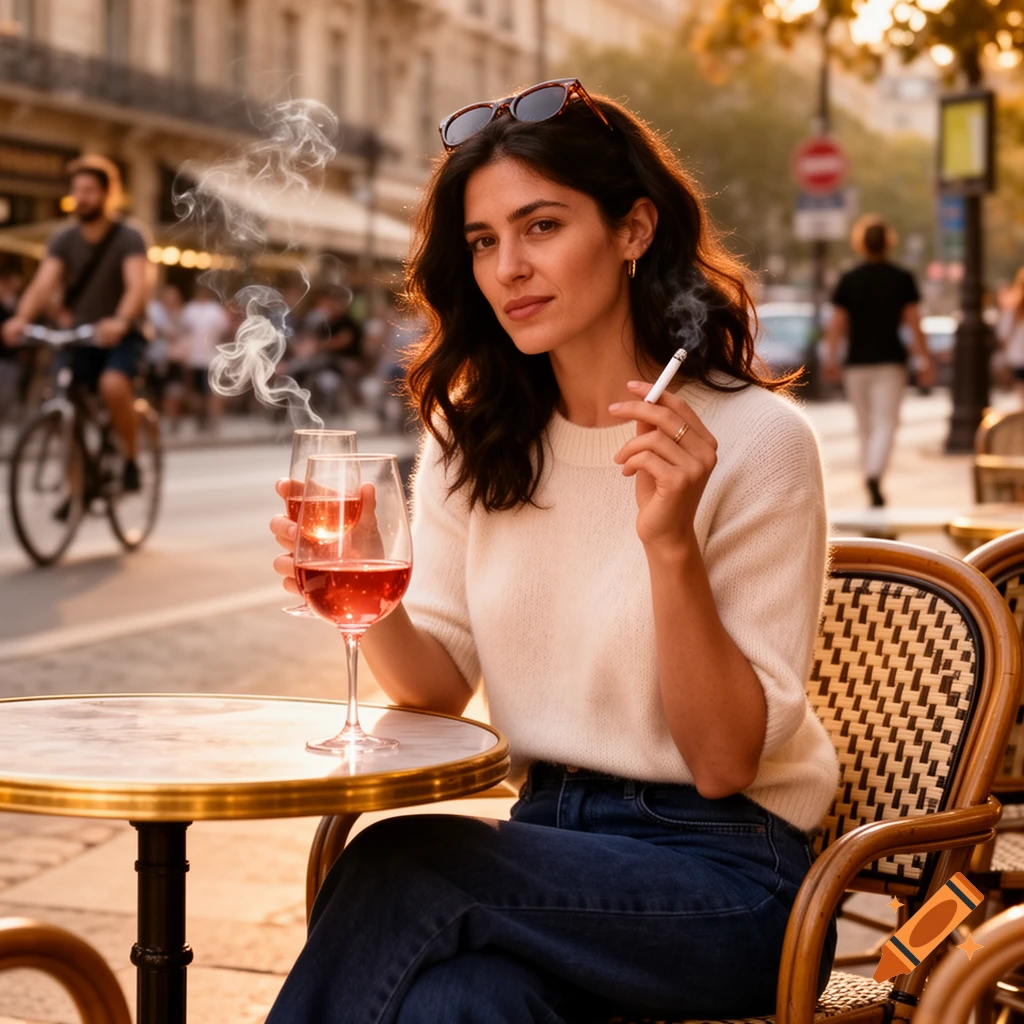 A woman sits at an outdoor cafe table, holding a smoking cigarette and a glass of rosé, looking at the viewer on a sunny street.