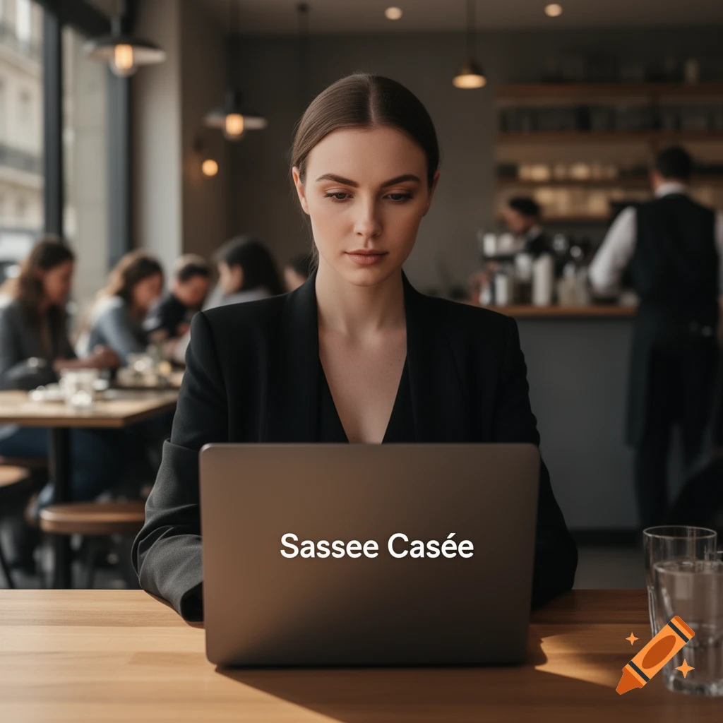A photorealistic image of a woman in a black blazer looking at a laptop with "Sassee Casée" on the screen, seated at a wooden table in a busy cafe.
