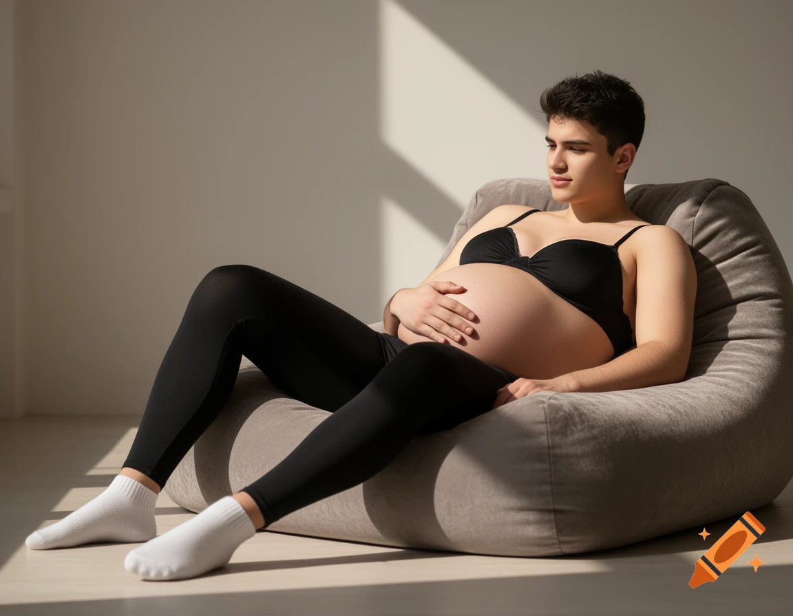A person with short dark hair, wearing a black bra and leggings, sits on a grey beanbag chair, holding their pregnant belly.