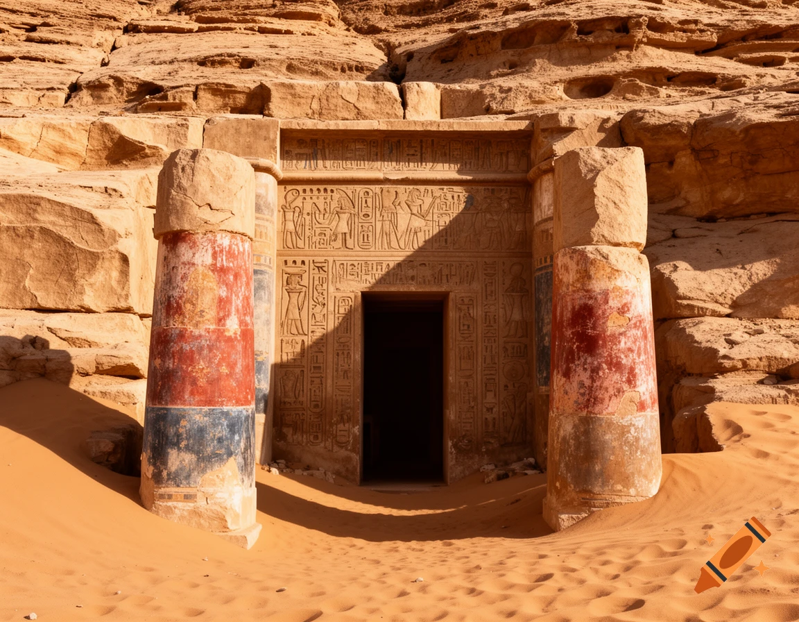 A photorealistic image of an ancient Egyptian rock-cut tomb entrance with two painted columns, partially buried in sand in a desert.