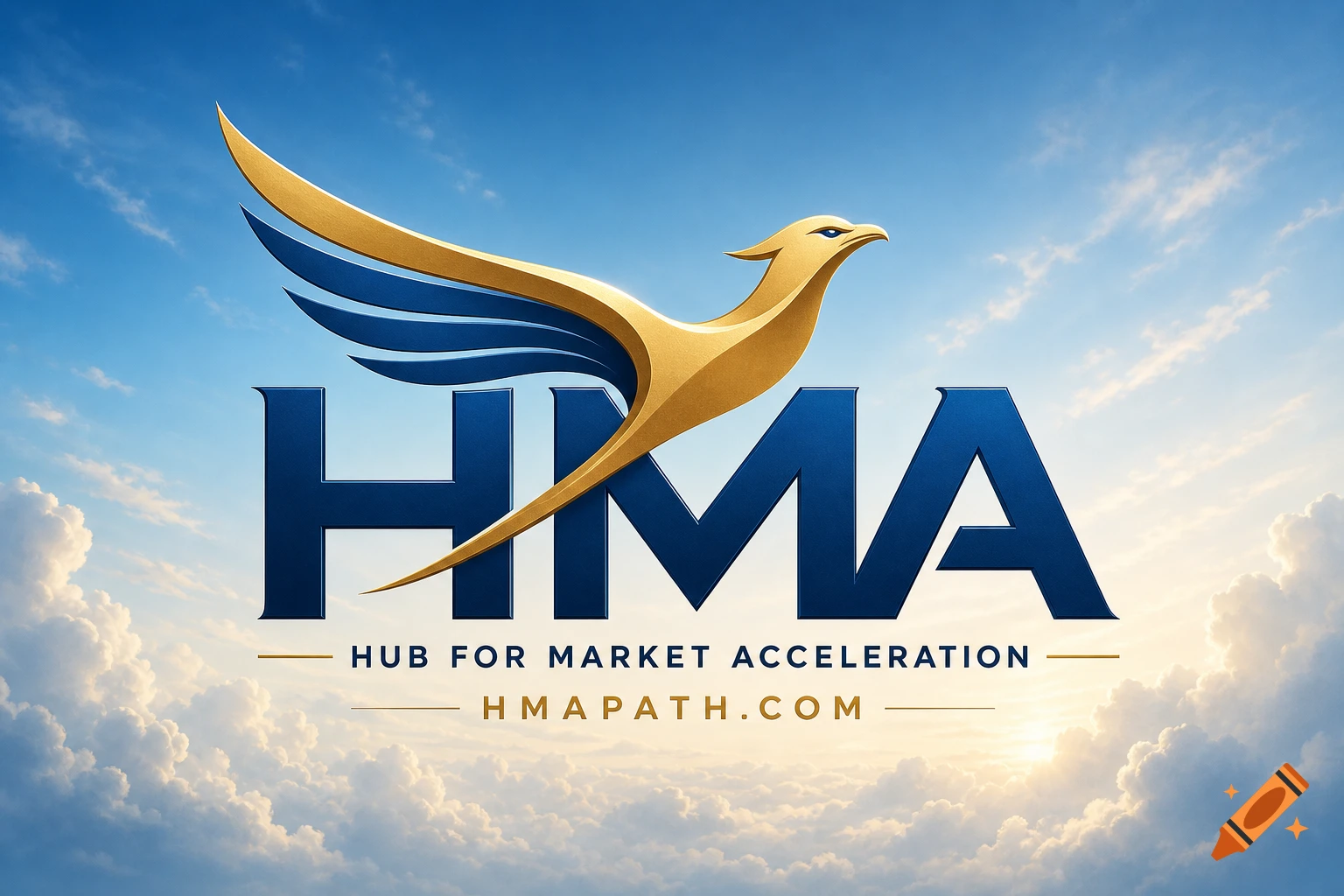 Golden stylized bird logo with blue wings above 'HMA' text, 'HUB FOR MARKET ACCELERATION', and 'HMAPATH.COM' against a sky background.
