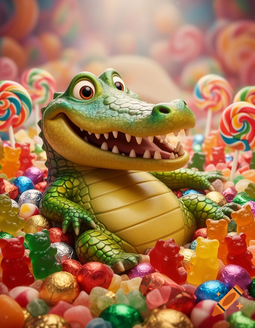 A smiling, cheerful cartoon alligator sitting amongst a pile of colorful lollipops, gummy bears, and wrapped chocolates.