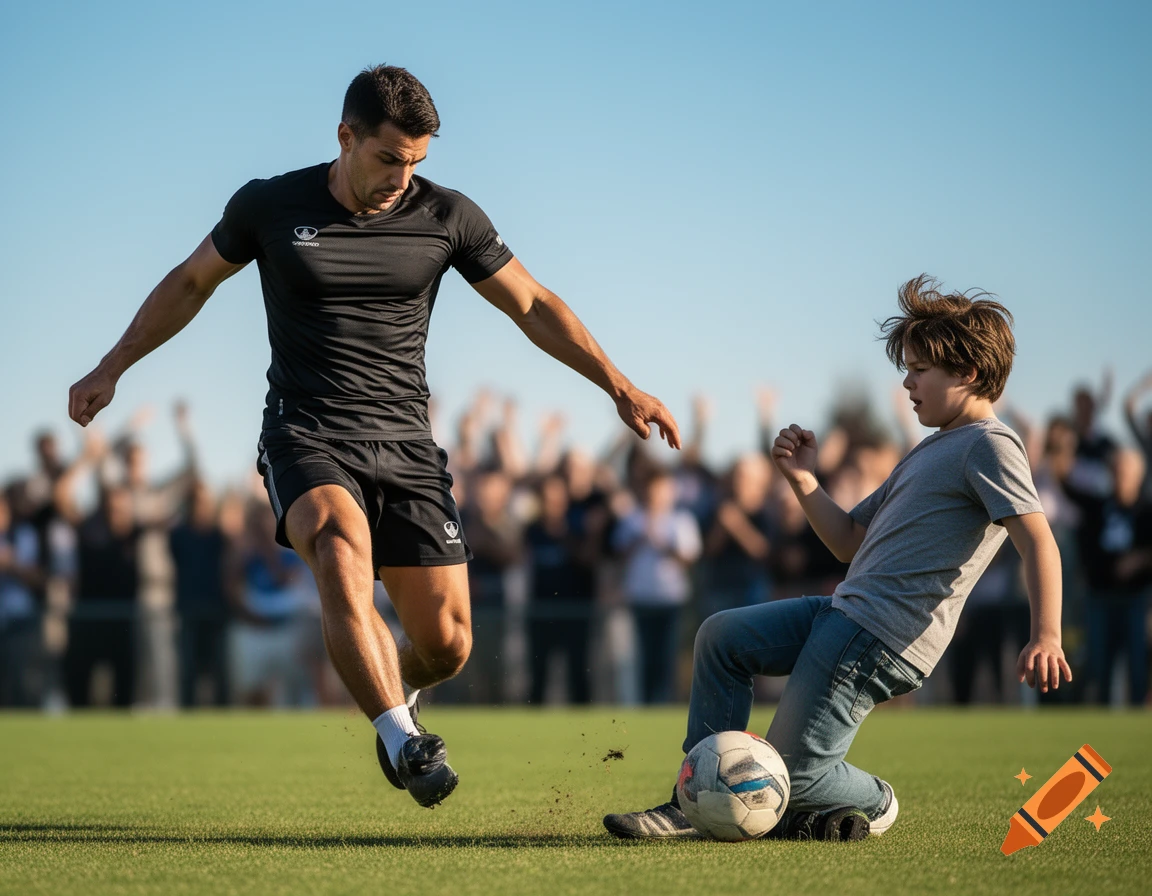 A man in a black soccer uniform kicks a ball past a child sliding on a grassy field, with a blurred crowd in the background.