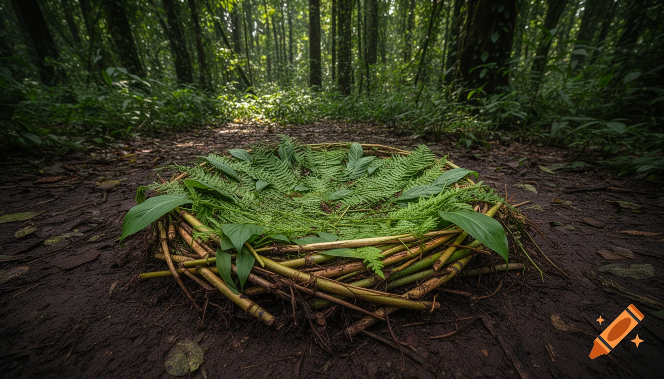 A photorealistic close-up of a circular nest woven from green ferns and bamboo stalks on a muddy jungle floor.