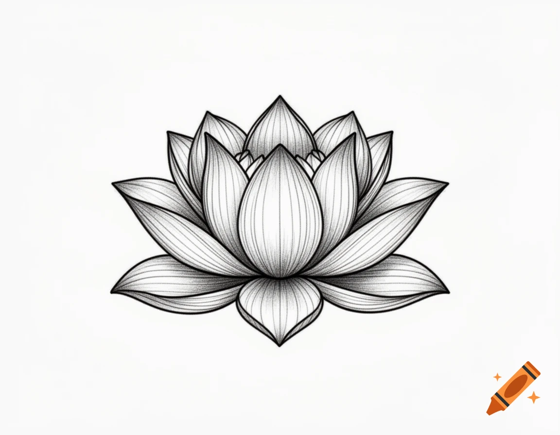 A detailed black and white line drawing of a lotus flower.