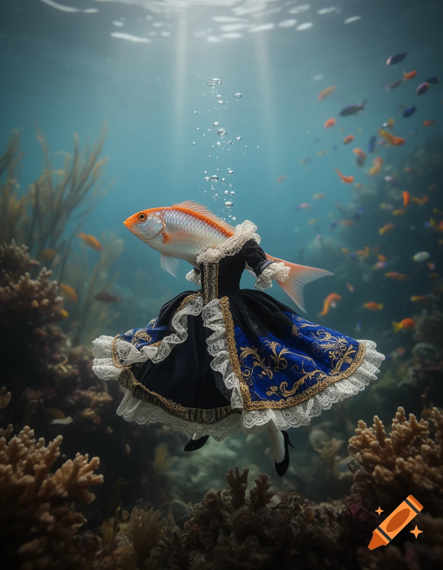 A goldfish with a human-like body dressed in an elaborate dark blue and gold historical gown swims gracefully through a sunlit coral reef.