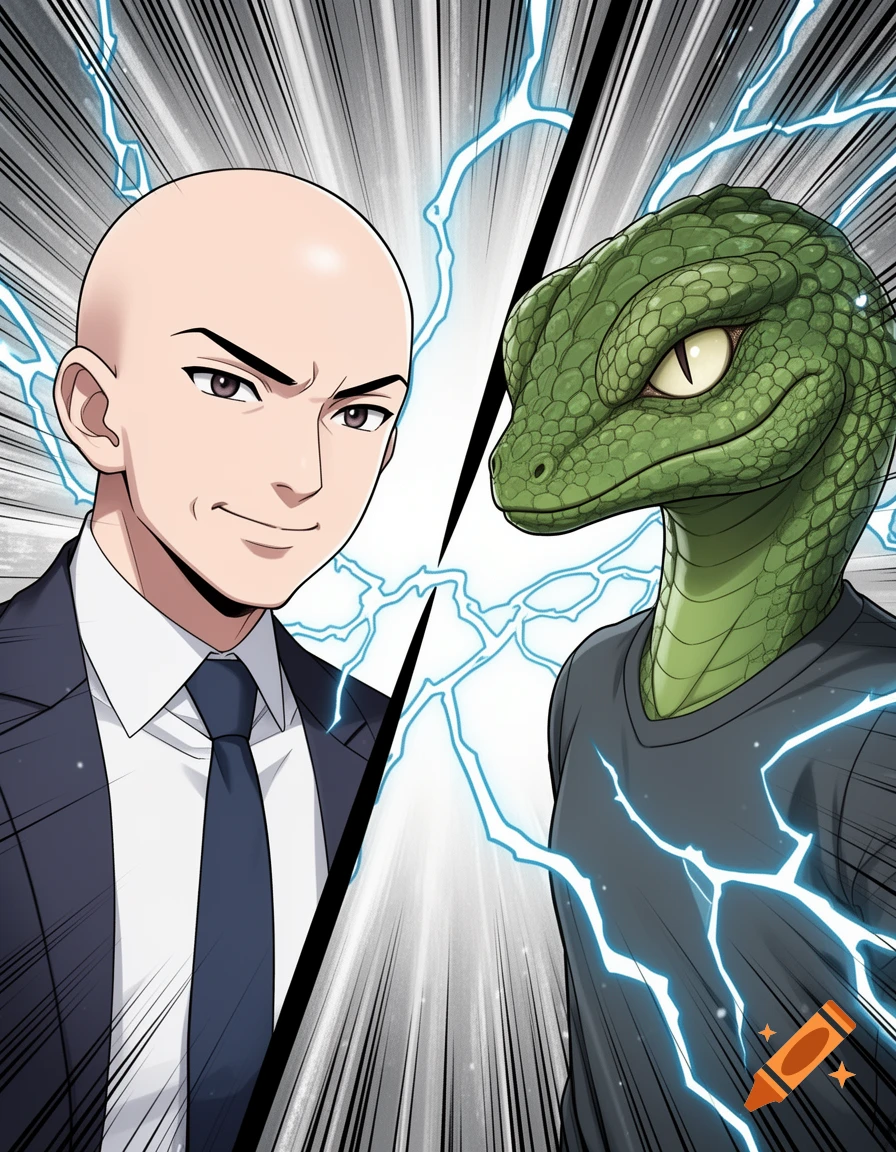 Anime-style illustration of a bald man in a suit facing a green lizard person, with lightning and speed lines.