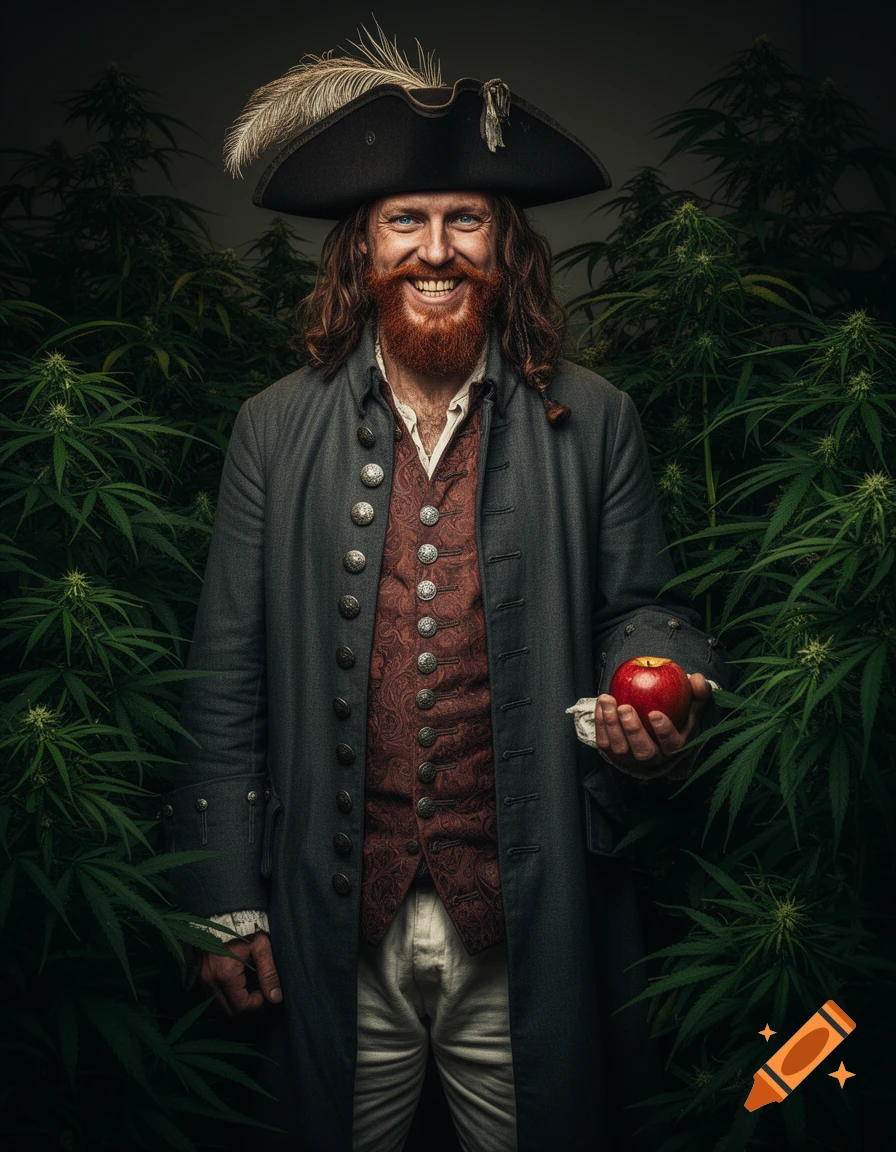A smiling, red-bearded pirate in a tricorn hat and grey coat holds a red apple, surrounded by cannabis plants.