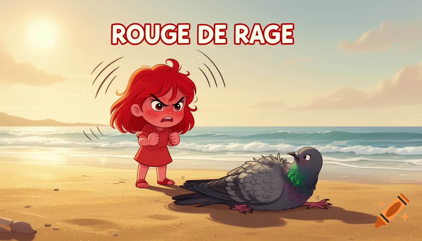 Cartoon of an angry red-haired girl with fists clenched, glaring at a pigeon lying on a sunny beach.