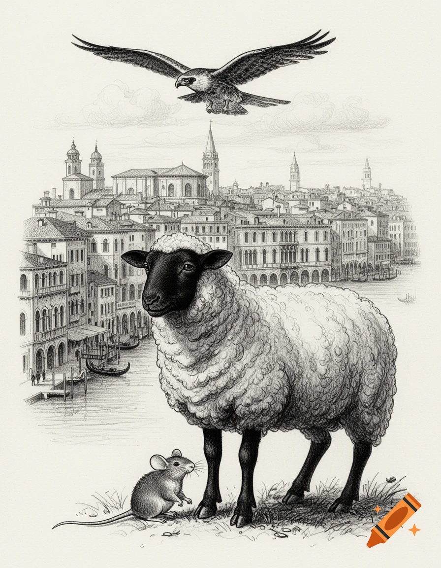 Detailed black and white pencil drawing of a black-faced sheep and a mouse, with a hawk flying over a Venice cityscape.